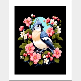 Cute Tufted Titmouse Surrounded by Vibrant Spring Flowers Posters and Art